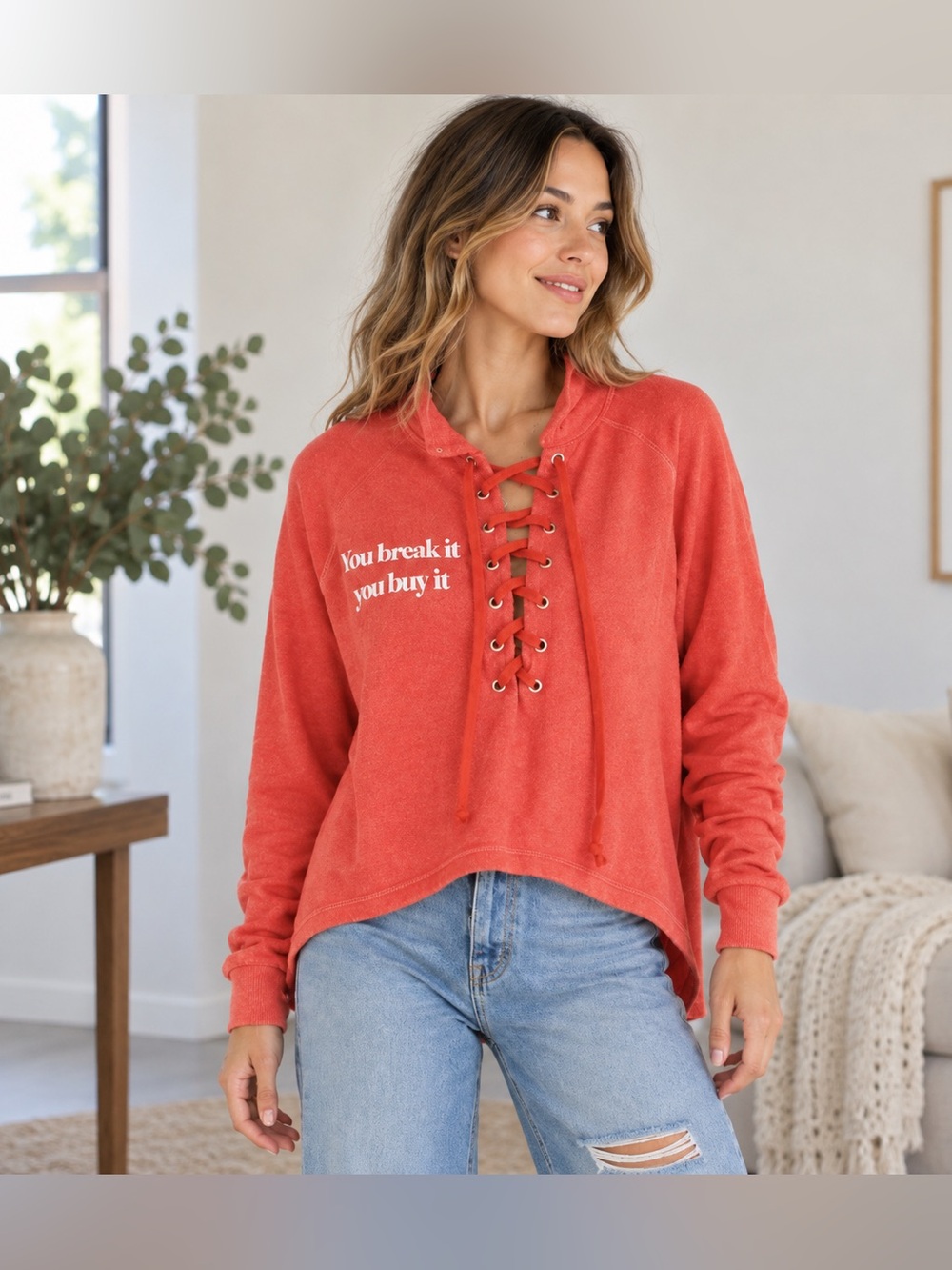 Daydream Nation You Break It You Buy It Lace-Up Sweatshirt Coral Small